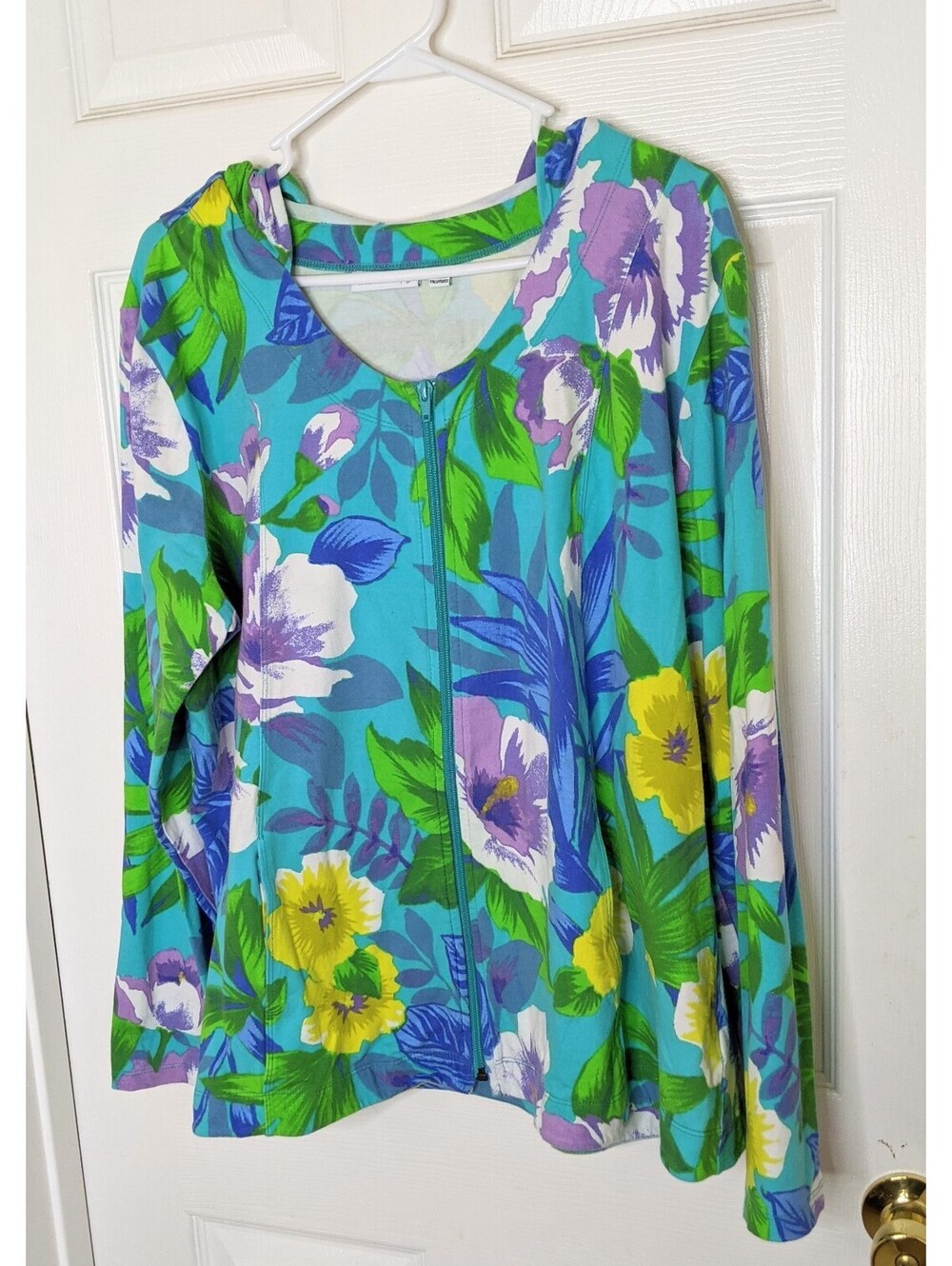 Susan Graver Weekend Jacket Hoodie Tropical Floral Print Full Zip XL Pockets